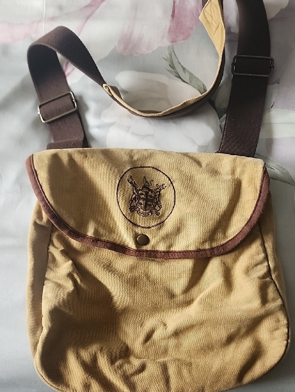 HUDSONS BAY Canvas Crossbody Messenger Bag - Tan with Brown Trim